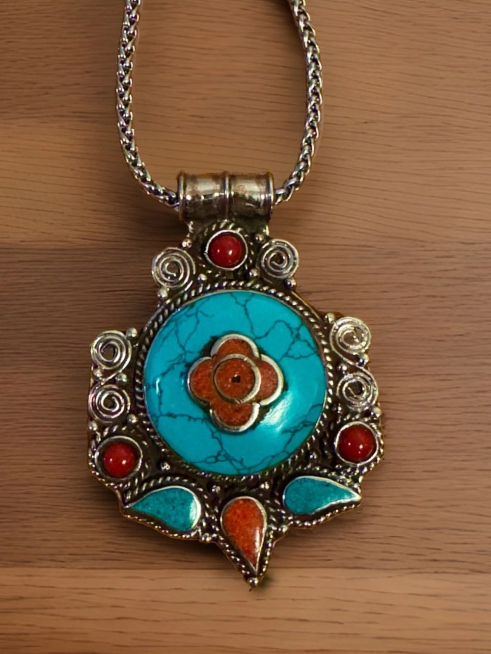 Vintage & Handcrafted Tibetan Howlite Turquoise,Coral Pendant Set In Silver 33gr